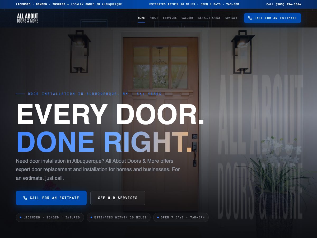 All About Doors & More homepage — Every Door. Done Right. headline over a craftsman-style wood entry door