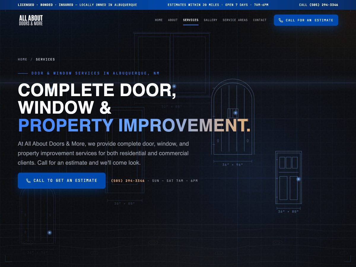 All About Doors & More services page — Complete door, window and property improvement headline over animated door blueprints