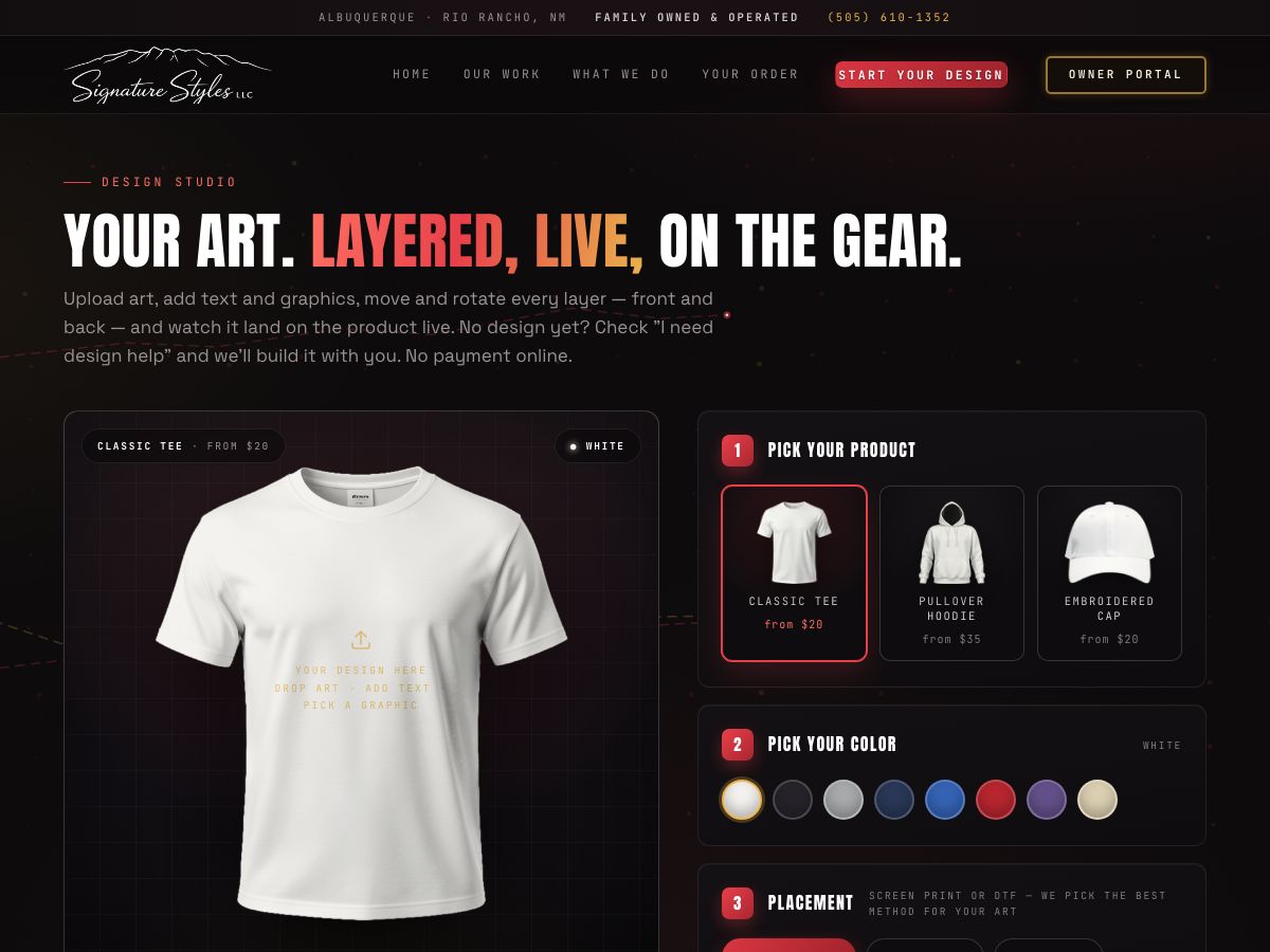 The Signature Styles design studio — a tee mockup on a dark canvas with product, color and placement pickers alongside
