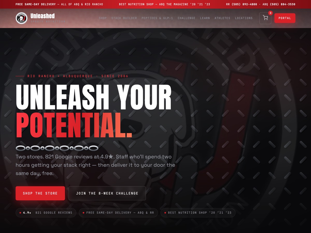 Unleashed Sports Nutrition homepage — Unleash Your Potential headline over a dark diamond-plate steel background in brand red