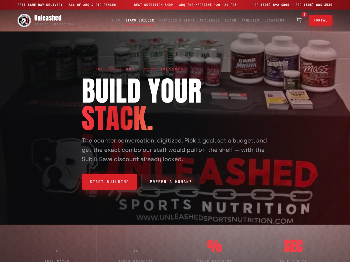 Unleashed Stack Builder page — Build Your Stack headline over a photo of supplement products on a counter