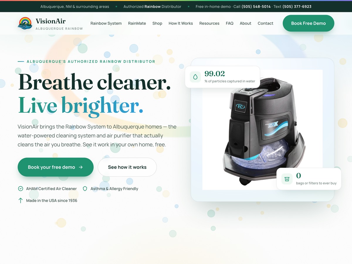 VisionAir homepage — light teal and sky-blue design with the Rainbow cleaning system and a Book your free demo call to action